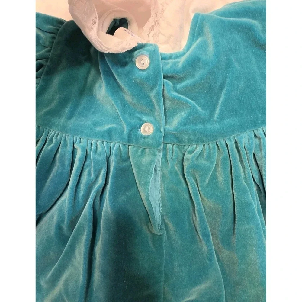 Vintage Nannette Baby Girls Velvet Dress 6-9 M Teal Rocking Horse Lace Collar